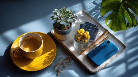A warm and inviting scene featuring a cup of coffee, a succulent plant, and a smartphone arranged on a wooden tray. Natural light casts playful shadows, creating a cozy ambiance perfect for a moment of relaxation.の素材
