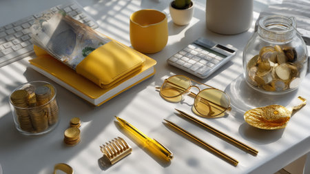 A bright workspace featuring yellow office supplies, a calculator, coins, and sunglasses. Sunlight creates patterns on the desk, emphasizing creativity and organization.の素材