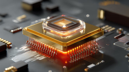 This image showcases a detailed microchip resting on a circuit board, illuminated with a glowing effect, emphasizing advanced technology in electronics and innovation.の素材