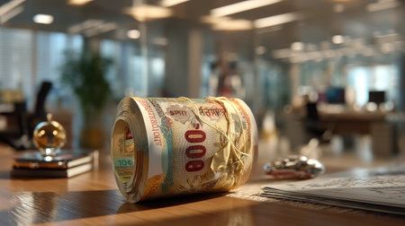 A detailed view of rolled currency notes placed on a wooden desk in a modern office. The image captures themes of finance, business success, and economic growth in a professional setting.の素材
