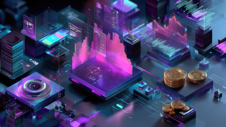 This stunning digital artwork features a futuristic landscape showcasing data visualization, cryptocurrency elements, and vibrant neon colors, offering a glimpse into advanced technology and analytics.の素材