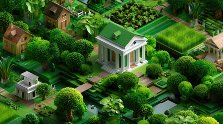 This vibrant digital landscape features stylized buildings and lush greenery, showcasing a harmonious blend of nature and architecture in a serene village setting.の素材