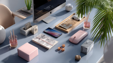 Explore a beautifully arranged modern workspace featuring stylish office supplies, an elegant design aesthetic, and a soft gray table.の素材