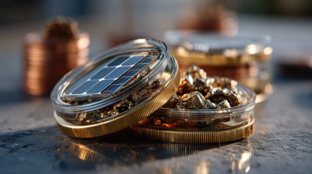 This image showcases an artistic arrangement of jars filled with gold nuggets and coins featuring a solar panel lid, symbolizing innovation and sustainability in finance.の素材
