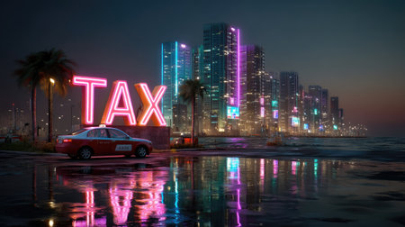 This vibrant urban nightscape features stunning neon lights illuminating modern buildings by the coast, with a taxi parked reflectively on the water.の素材