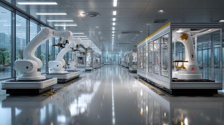 This image showcases a modern automation factory featuring robotic arms operating in a clean and technologically advanced environment, highlighting innovation.の素材