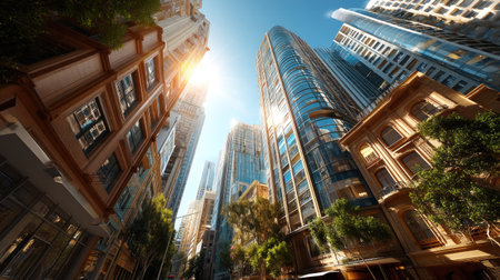 A captivating cityscape featuring towering skyscrapers and modern architecture bathed in warm sunlight, showcasing the beauty of urban life and design.の素材