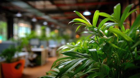 A vibrant close-up of lush green plants in a modern office setting, creating a refreshing atmosphere while promoting productivity and well-being.の素材