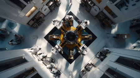 This aerial view captures a modern laboratory scene where scientists engage with sophisticated equipment, highlighting the importance of innovation and collaboration in research.の素材