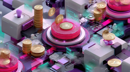 Vibrant digital representation of cryptocurrency with bitcoin coins and abstract technology elements, showcasing innovation in finance and investment.の素材