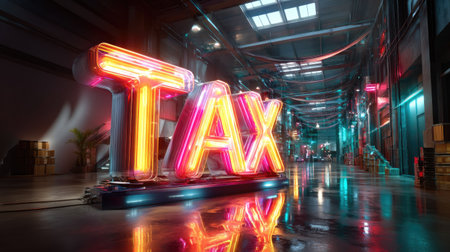 A vibrant neon sign highlighting the word "TAX" in a modern industrial warehouse. The bright colors and reflections create an engaging atmosphere perfect for financial themes.の素材