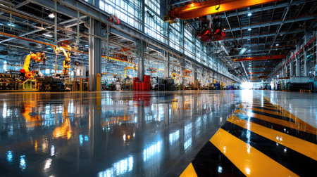 This image showcases a vast industrial factory interior, featuring advanced robotic arms and a brightly polished floor. Natural light floods the space, highlighting the modern design and clean environment.の素材