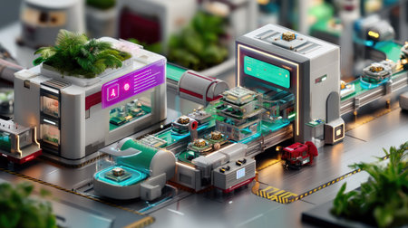 This intricate illustration showcases a futuristic urban technology hub that integrates greenery and automated systems into a vibrant cityscape, symbolizing innovation.の素材