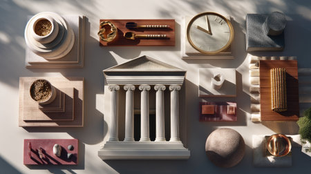 This image showcases a sophisticated arrangement of minimalist decorative elements, including architectural features, sculptures, and clocks, all bathed in gentle natural light.の素材