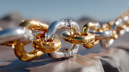 Close-up view of interconnected metallic chain links in gold and silver, showcasing the intricate details and textures against a softly blurred background.の素材