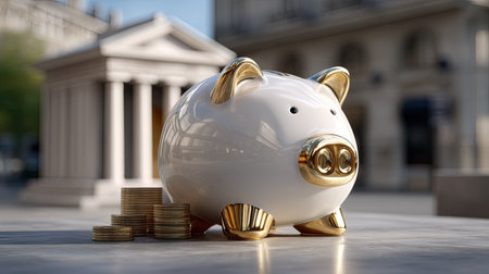 Discover a beautifully crafted white piggy bank with golden details, symbolizing savings and financial success. The scene shows coins stacked nearby, emphasizing the importance of saving for the future in a chic urban environment.の素材