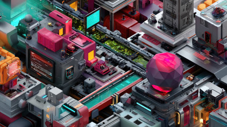 This detailed urban scene showcases a futuristic city with geometric designs and vibrant neon colors, emphasizing modern architecture and technology.の素材