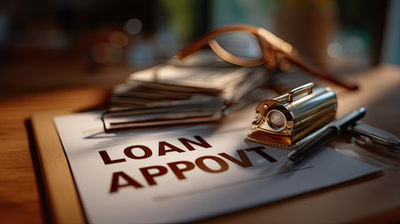 A close-up view of a loan approval document placed on a wooden table, featuring a golden stamp, glasses, and a green plant, creating a professional atmosphere.の素材