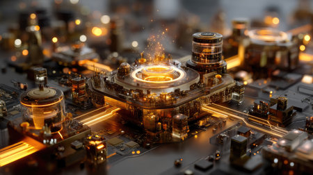 This dynamic image showcases a futuristic technology hub with glowing circuit board elements and abstract visual effects, highlighting innovation and energy.の素材