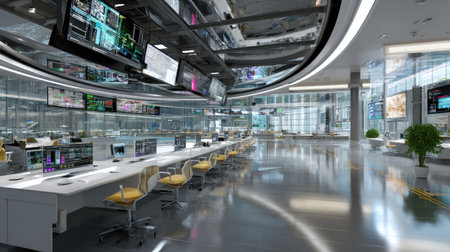 This image showcases a modern digital control room filled with high-tech monitors displaying data. The sleek design promotes efficiency and productivity.の素材