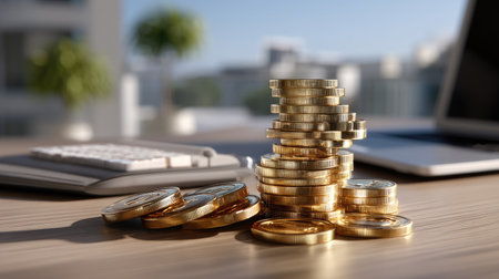 A vibrant office setting featuring neatly stacked gold coins alongside a sleek laptop and calculator. The composition emphasizes themes of finance and wealth, capturing the essence of success and productivity in a modern workspace.の素材