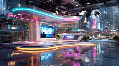 A sleek and modern news studio set featuring vibrant lighting and a sophisticated design, perfect for broadcasting in an urban setting.の素材