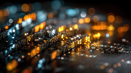 Dive into this mesmerizing abstract image showcasing glowing digital numbers against a bokeh background, highlighting futuristic technology concepts.の素材