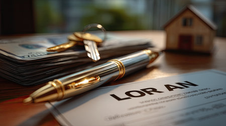 A detailed close-up image showcasing a pen, keys, a house model, and bundles of cash on a table, representing real estate transactions and mortgage agreements.の素材