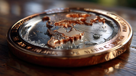 This stunning metallic coin features an intricately embossed world map showcasing detailed geographical features. Perfect for collectors and travelers, it serves as a decorative piece and educational tool.の素材