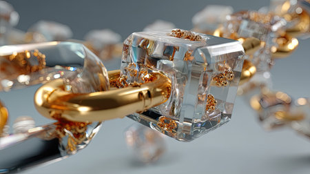 A striking 3D rendering of a transparent chain with gold accents and an abstract cube, highlighting modern design elements and reflective surfaces.の素材