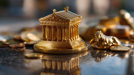 A stunning golden temple model surrounded by coins and a lion figurine rests on a reflective surface, symbolizing wealth and prosperity in finance.の素材
