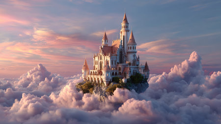A breathtaking fairytale castle rises majestically above soft clouds, bathed in the warm hues of sunset, inviting imagination and wonder.の素材