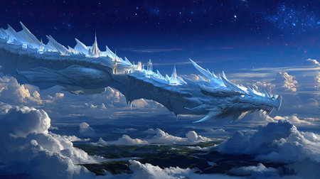 An awe-inspiring ice dragon glides gracefully through soft clouds, showcasing a stunning fantasy landscape under a twinkling starry sky, evoking wonder.の素材