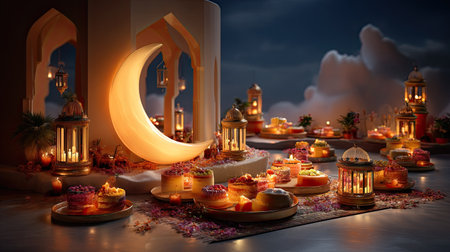 This captivating moonlit festival scene features beautifully arranged desserts, glowing lanterns, and floral decorations, creating a serene ambiance perfect for cultural gatherings.の素材