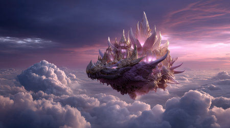 An enchanting fantasy airship gracefully floats through vibrant clouds at sunset, featuring ethereal structures that evoke a sense of wonder and imagination.の素材