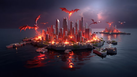 A dramatic scene shows dragons attacking a vibrant city by the water, engulfed in flames and smoke, creating a striking and fantastical atmosphere.の素材