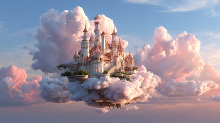 An enchanting castle floats majestically among soft clouds, surrounded by a serene sky. This dreamlike scene inspires imagination and adventure.の素材