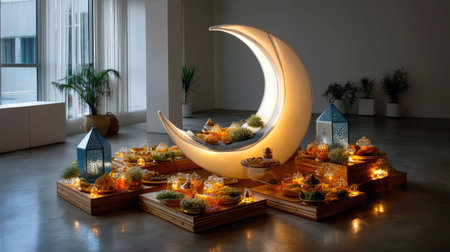 A stunning decorative crescent moon installation accented with lights and traditional items, set in a modern indoor space, ideal for cultural celebrations.の素材