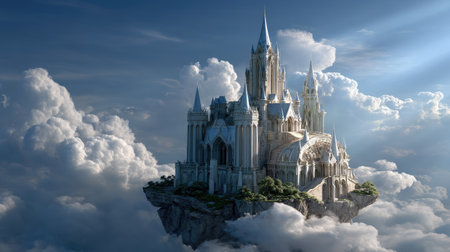 This stunning image features a majestic fantasy castle floating among ethereal clouds, exuding a dreamlike ambiance. The beautiful architecture reflects light, inviting imagination and wonder.の素材