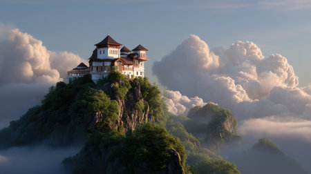 Experience a breathtaking mountain castle perched on a serene peak, surrounded by majestic clouds and vibrant light. This dreamlike landscape invites exploration.の素材