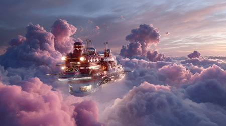 A magnificent ship sails gracefully through a serene sky filled with fluffy clouds. The breathtaking sunrise casts a colorful glow, creating a magical atmosphere.の素材