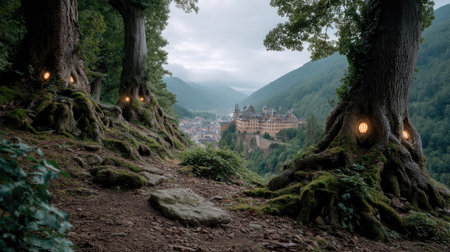 A breathtaking view of an enchanted forest pathway lined with majestic trees, leading to a mystical castle nestled in misty mountains, evoking a sense of wonder and adventure.の素材