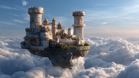 A breathtaking fantasy castle floats gracefully above fluffy clouds, showcasing intricate architectural details and majestic towers against a stunning sky backdrop.の素材