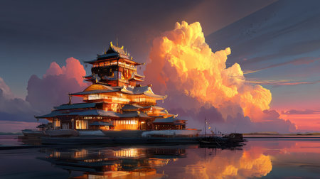 A breathtaking view of a traditional Asian building at sunset, reflected in calm waters, surrounded by dramatic clouds, creating a serene atmosphere.の素材