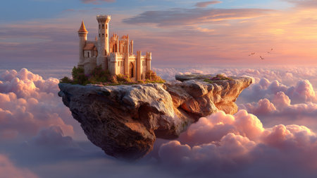An enchanting floating castle rests above fluffy clouds, bathed in the warm light of sunset. This imaginative scene evokes dreams of adventure and magic.の素材
