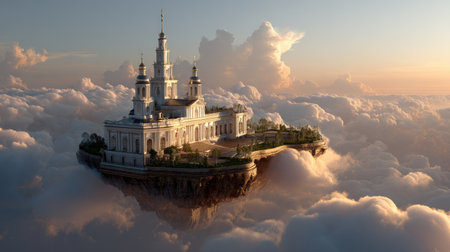 A captivating floating castle enveloped by soft clouds under a stunning sunset creates a magical and serene atmosphere, inviting imagination and wonder.の素材