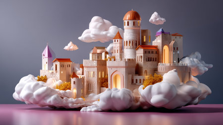 A whimsical castle sits atop fluffy clouds, featuring colorful structures and a dreamy atmosphere. This imaginative scene invites creativity and wonder.の素材