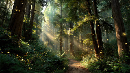 This captivating image captures a magical forest scene with sunlight filtering through tall trees, illuminating a serene pathway with glowing fireflies.の素材