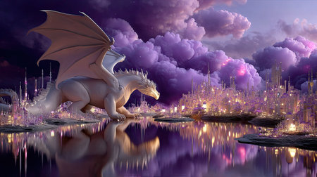 A striking white dragon towers over a breathtaking fantasy city at twilight, with shimmering buildings reflected in the calm water under dramatic purple clouds.の素材