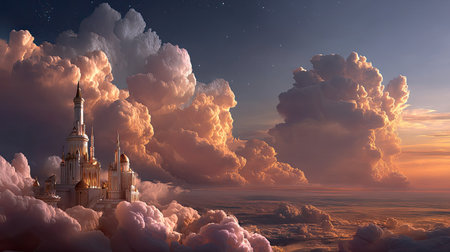 A stunning image of a fantastical castle nestled among fluffy clouds during twilight. The scene captures the ethereal glow of the structure, inspiring dreams and imagination. The colorful sky enhances the enchanting atmosphere, making it a perfect representation of a serene, magical world.の素材